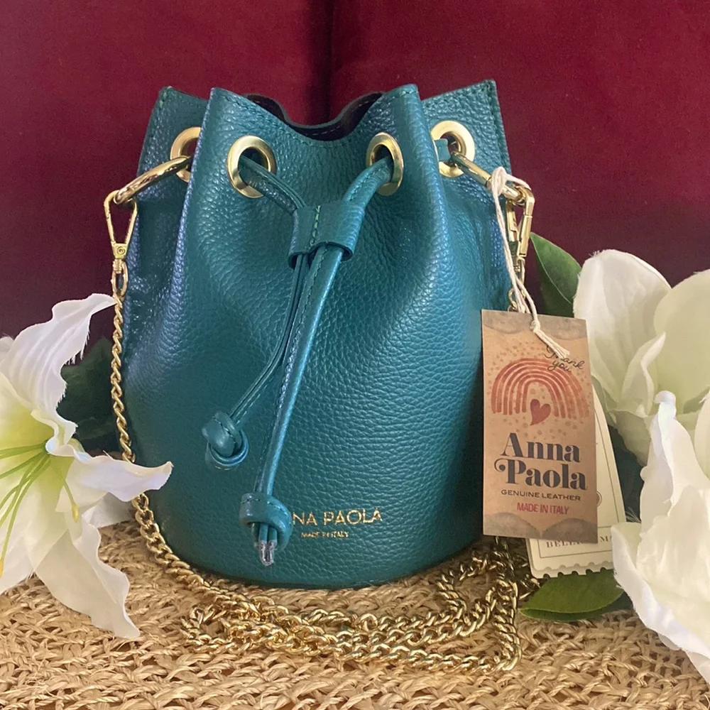 Anna Paola Italian Leather Bucket Bag + Crossbody Bag, Teal - Picture 16 of 16